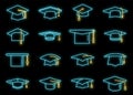 Academy graduation hat icons set vector neon Royalty Free Stock Photo