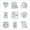 academy line icons. linear set. quality vector line set such as exam, student, bagpack, badge, arithmetic, student, lunch, book