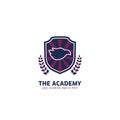 Academy logo with eagle head mascot silhouette inside shield vector emblem badge