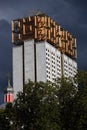 Academy of Science building in Moscow. Dramatic stormy sky background