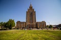 Academy of Sciences building in Riga, during sunny day with blue sky