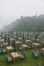Acadia National Park, Maine, USA: Rows Of Tables And Benches And Folded Umbrellas On A Lawn
