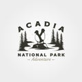 acadia national park vintage logo vector symbol illustration design, puffin on the stone symbol