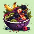 Acai bowl illustration with strawberries, banana, blueberries, kiwi fruit, nuts and granola on wooden table. Nourishing breakfast Royalty Free Stock Photo