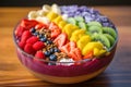 Acai bowl with strawberry, banana, blueberries, kiwi, mango and granola on wooden table. Nourishing breakfast full of vitamins,