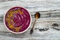 Acai breakfast superfoods smoothies bowl with chia seeds, bee pollen toppings. Immune boosting, anti inflammatory smoothie Royalty Free Stock Photo