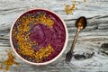 Acai breakfast superfoods smoothies bowl with chia seeds, bee pollen toppings. Immune boosting, anti inflammatory smoothie Royalty Free Stock Photo