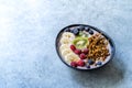 Acai Smoothie Bowl with Baked Granola, Blueberries, Raspberry, Banana and Kiwi in Hand