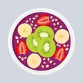 Acai smoothie bowl with kiwi, banana, strawberries and oats, isolated. Top view. Vector hand drawn illustration.