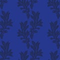 Acanthus leaf vector seamless pattern background. Elegant black blue duotone backdrop with hand drawn stylized leaves