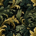 Acanthus leaves seamless foliage pattern, medieval vintage style, painted baroque botanical leaves