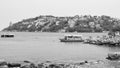 Acapulco, Mexico - May 12, 2019: summer seaside landscape with port or harbour and boat