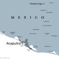 Acapulco and surroundings, port of call in Mexico, gray political map