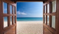 acation and Holiday concept, The open window with sea view Royalty Free Stock Photo