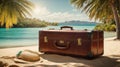 acation travel time banner, open travel suitcase with exotic destination inside Royalty Free Stock Photo