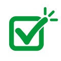 Accented check mark icon, tick mark sign with lines, accentuated green approval check mark - vector