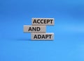 Accept or adapt symbol on Wooden blocks. Beautiful blue background. Business and 'Accept and adapt