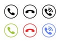 Accept and decline incoming call icon on circle line. Answer, reject, and handset vector