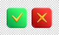 Accept and reject vector 3d render buttons. Tick check and cross marks app icons with transparent background. Rounded
