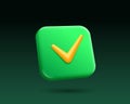 Accept tick check mark vector 3d render button. Green gradient app icon background. Perspective rounded rectangle shape