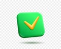 Accept tick check mark vector 3d render button. Green gradient app icon on transparent background Rounded rectangle