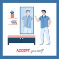 Accept yourself banner with self-satisfied man, cartoon vector illustration.