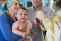 The acceptance of faith. A priest puts a cross on a baby at the