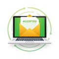 Accepted email. College accept. Recruitment job success. Vector stock illustration.