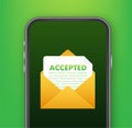 Accepted email. College accept. Recruitment job success. Vector stock illustration.