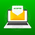 Accepted Letter concept. Laptop screen, email with open envelope. Job offer, college success or business email. Vector