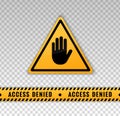 Access denied sign. Tape with message access denied. Yellow triangle banner with gesture hand stop isolated on background. Access Royalty Free Stock Photo