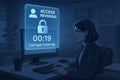Access revoking process illustration depicting a person at a computer concerned about cyber security breaches and data privacy Royalty Free Stock Photo