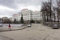 An access road leads to the Sverdlovsk Railway Administration Building 1928 on a cloudy spring day