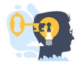 Access to ideas. Key opening mans head. Silhouette male profile and light bulb with keyhole. Stealing secrets and Royalty Free Stock Photo