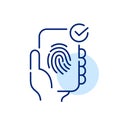 Access to personal smartphone account. Fingerprint symbol and checkmark. Pixel perfect, editable stroke