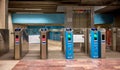 Access to Piata Romana metro station in Bucharest.. Tourniquets access control systemwith VISA logo at a subway entrance
