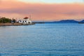 Access to the sea from the Corinth Canal and horizon in the morning haze of the sea, image with copy space