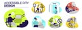 Accessible city design concept set for web design. Collection with people using wheelchair ramp or elevator, access to bus Royalty Free Stock Photo
