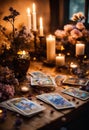 Accessories and candles for fortune telling on the table. Selective focus. Royalty Free Stock Photo