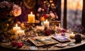 Accessories and candles for fortune telling on the table. Selective focus. Royalty Free Stock Photo