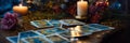 Accessories and candles for fortune telling on the table. Selective focus. Royalty Free Stock Photo