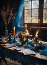 Accessories and candles for fortune telling on the table. Selective focus. Royalty Free Stock Photo
