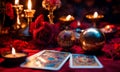Accessories and candles for fortune telling on the table. Selective focus. Royalty Free Stock Photo