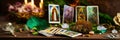Accessories and candles for fortune telling on the table. Selective focus. Royalty Free Stock Photo