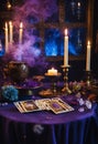 Accessories and candles for fortune telling on the table. Selective focus. Royalty Free Stock Photo