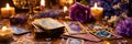 Accessories and candles for fortune telling on the table. Selective focus. Royalty Free Stock Photo