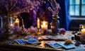 Accessories and candles for fortune telling on the table. Selective focus. Royalty Free Stock Photo