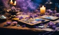 Accessories and candles for fortune telling on the table. Selective focus. Royalty Free Stock Photo