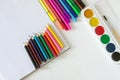 Accessories for children`s art pencils, markers, watercolors and album on a white background. Royalty Free Stock Photo