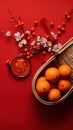 Accessories Chinese new year festival decorations.orange,leaf,wood basket,red packet,plum blossom,teapot on red background. Top Royalty Free Stock Photo